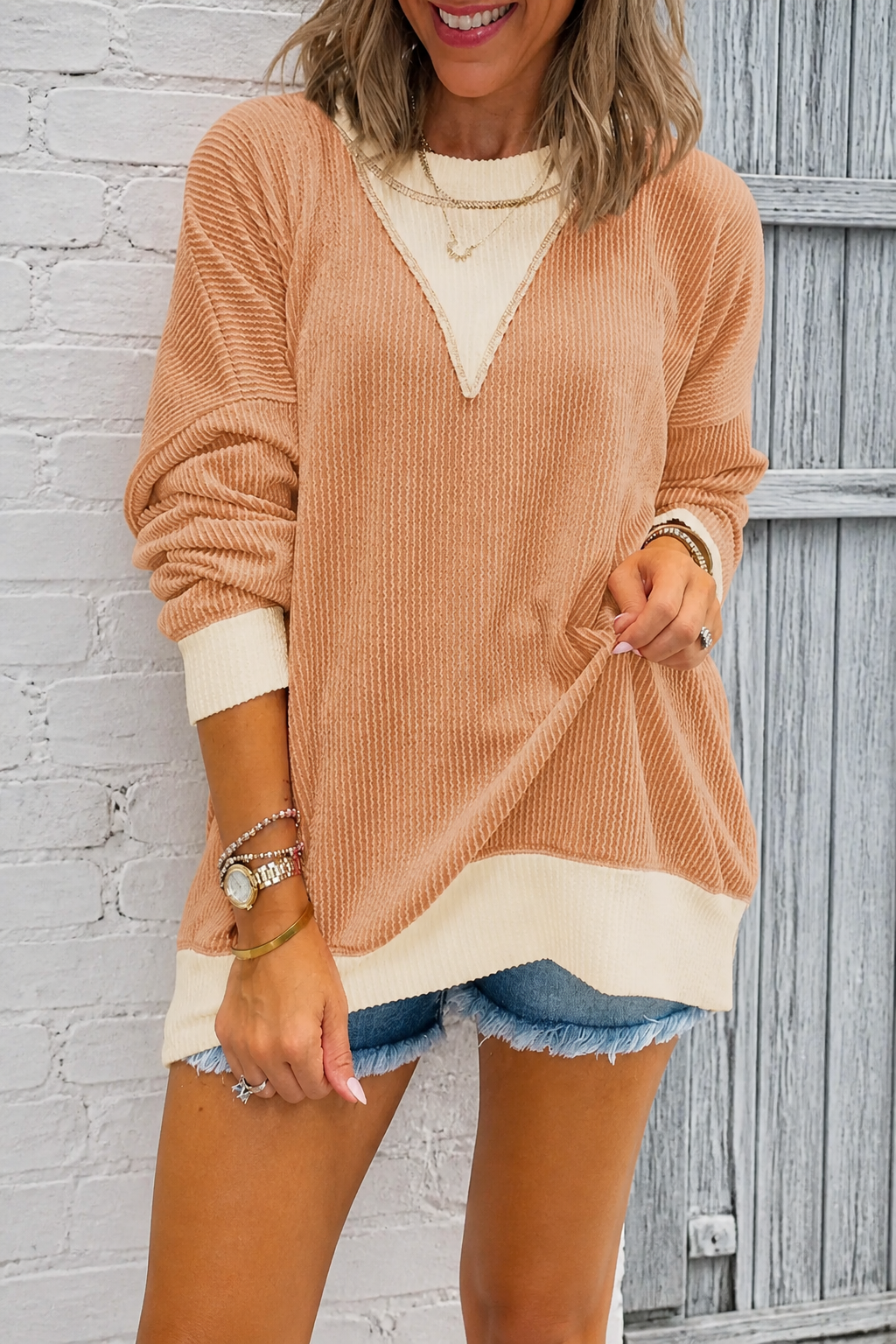 Corvella – Corded Colorblock Drop-Shoulder Sweater