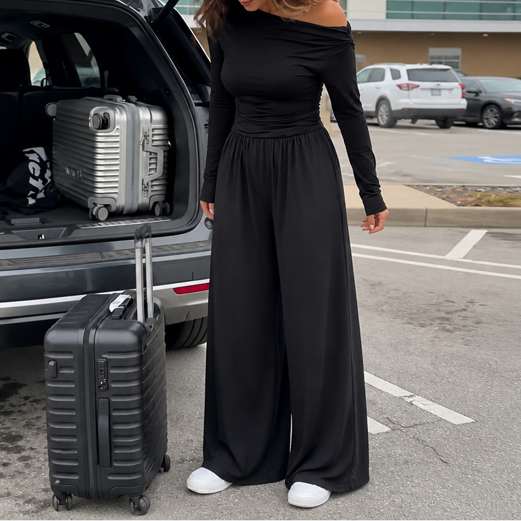 Wearbella – Off-Shoulder Ruched Wide-Leg Jumpsuit