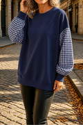 Blockline – Patchwork Plaid Loose Crew Neck Top