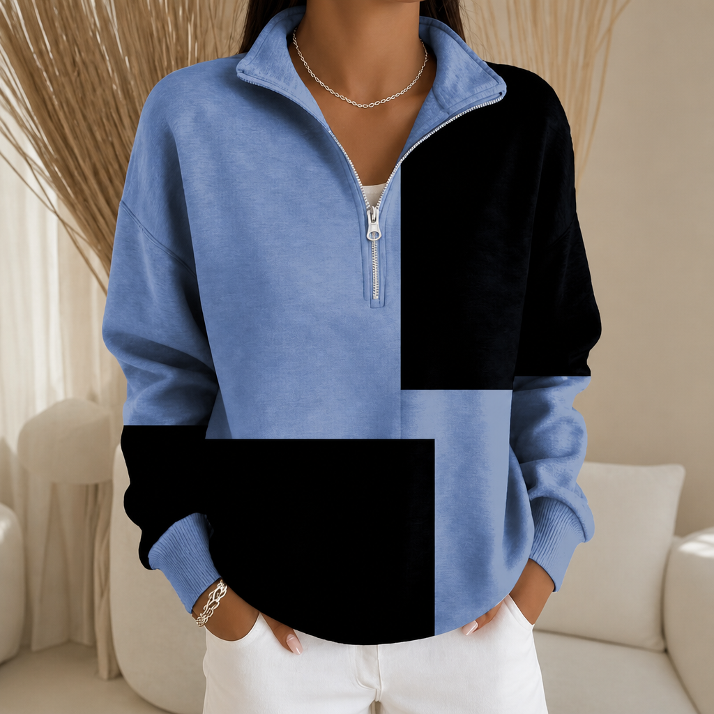 Colorplaid – Colorblock Plaid Stand-Collar Zip Sweatshirt