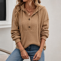 Wovella – Ribbed Knit Button-Neck Hoodie Sweater