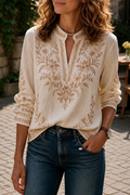Wearbella – Mandarin Collar Embroidered Look 3D Digital Print Boho Blouse