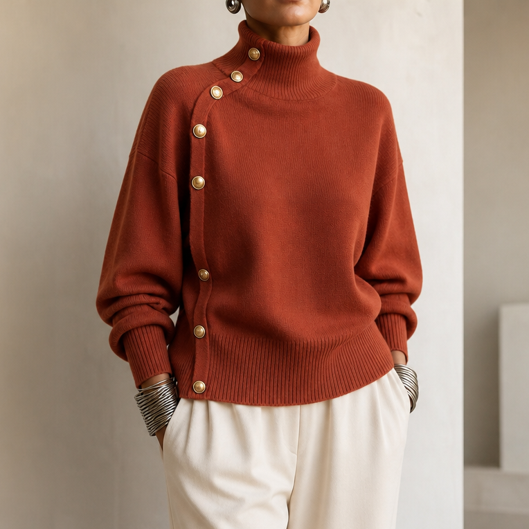Asymvia – Asymmetric Gold-Tone Button Mock Neck Sweater