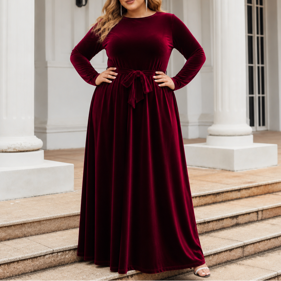 Velvora – Belted Velvet Look A-Line Maxi Dress