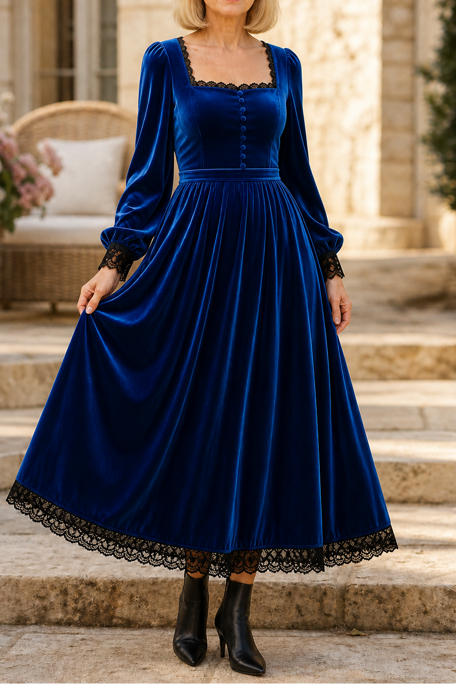 Velourette – Square Neck Fitted Waist Velvet-Look Midi Dress