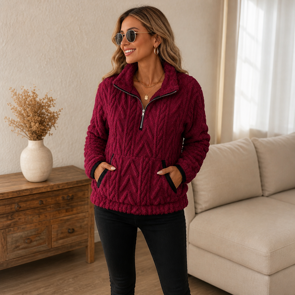 Cloudessa – Half-Zip Fuzzy Pullover With Kangaroo Pocket