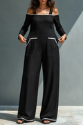 Shouldera – Off-Shoulder Contrast Trim Wide-Leg Jumpsuit