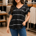 Curvella – Striped V-Neck Stretch Knit Tee