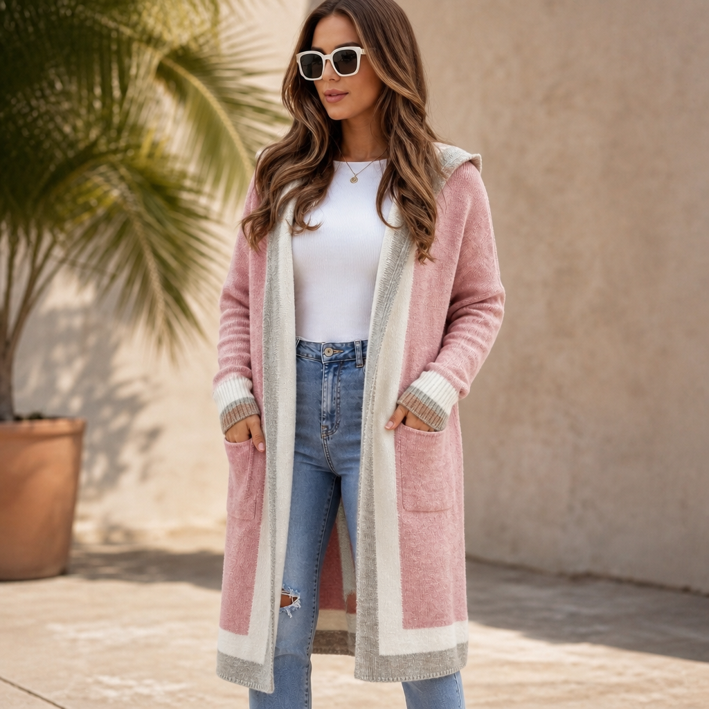 Coshabelle – Color-Block Hooded Long-Line Cardigan