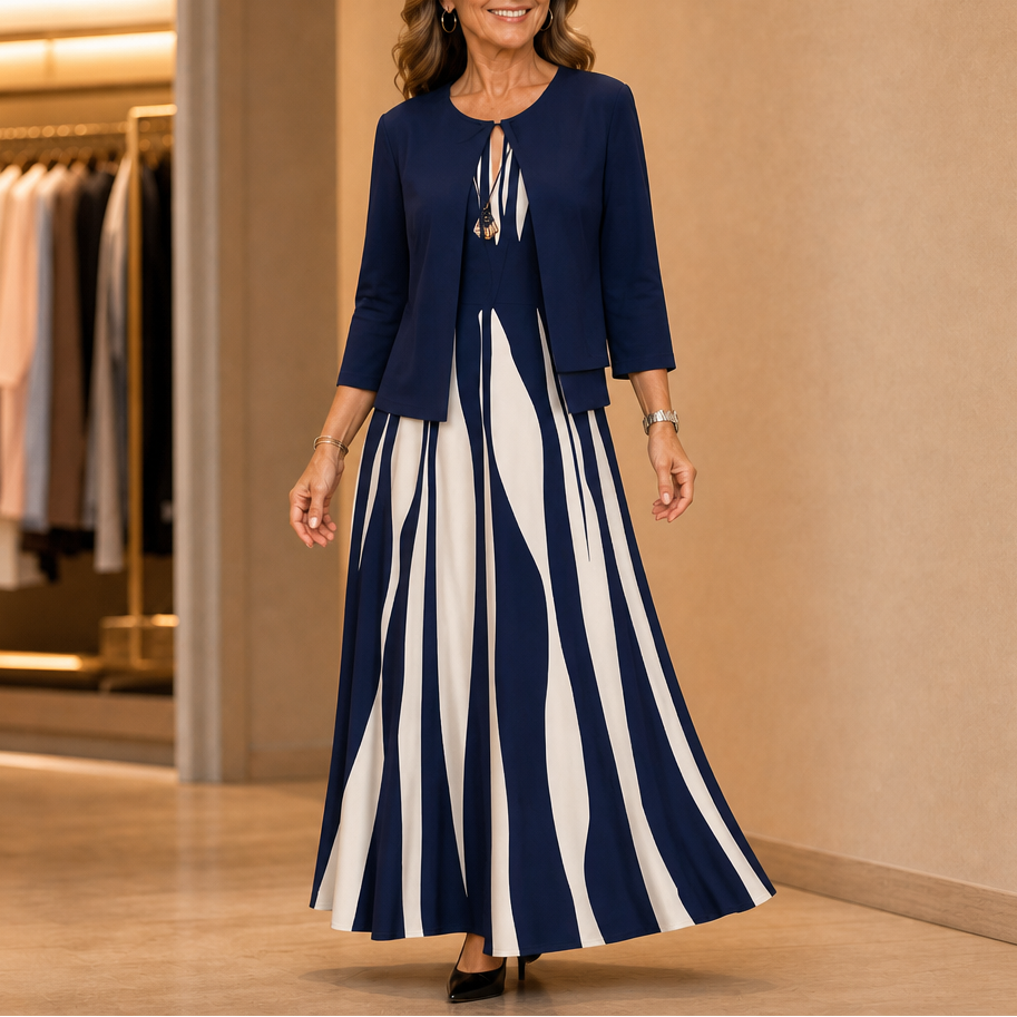Fielina – Striped Two-Piece Maxi Dress And Cardigan Set