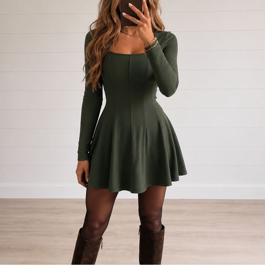 Wearbella – Square Neck Long Sleeve A-Line Mini Dress