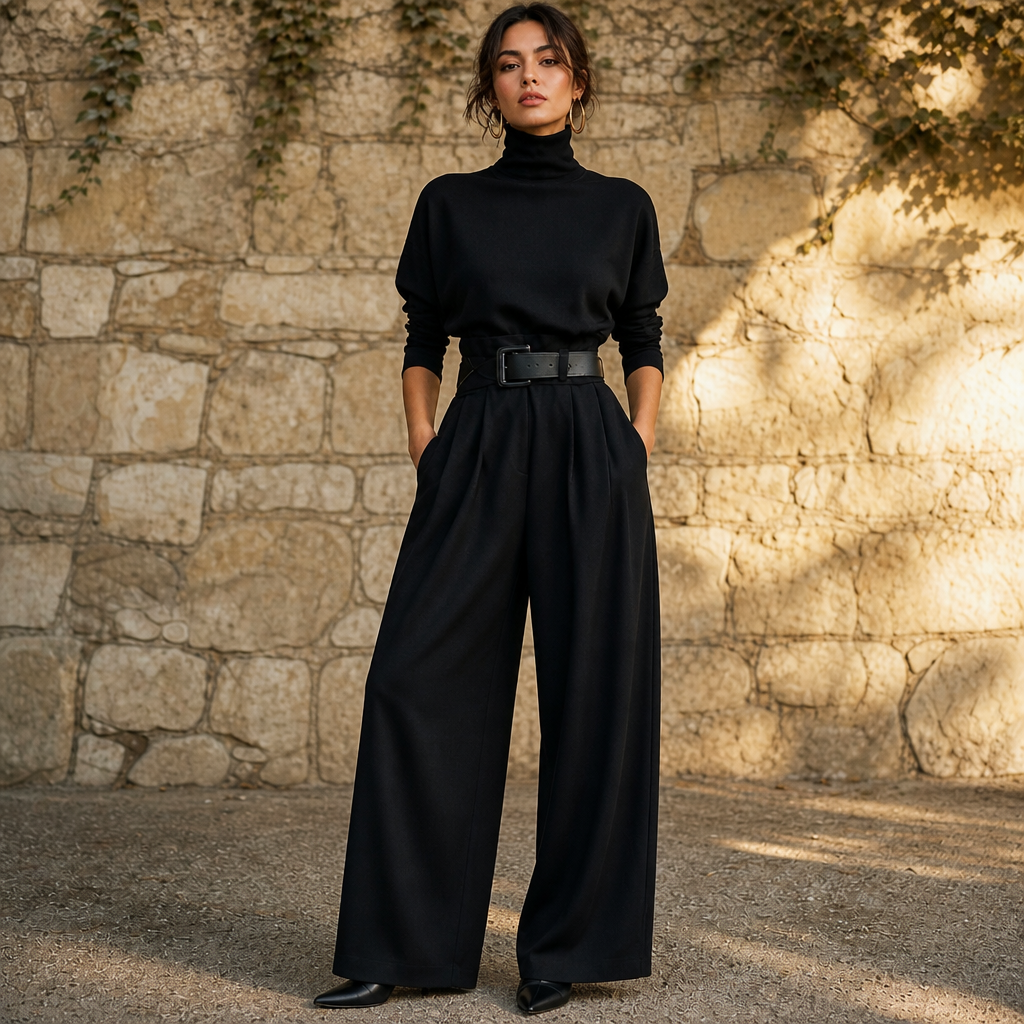 Poisevera – Belted High-Waist Turtleneck And Trouser Set
