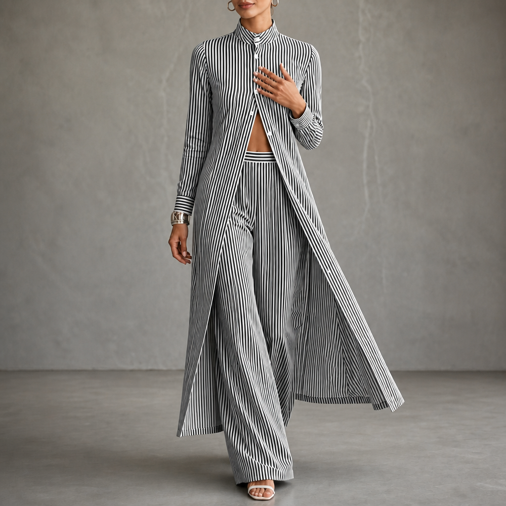 Wearbella – High-Low Striped Shirt And Wide-Leg Pants Set