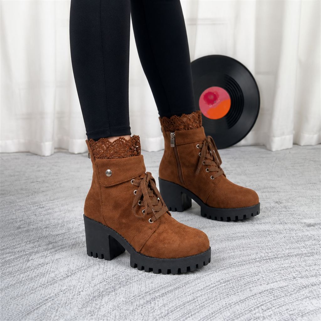 Lacevoya – Lace-Up Chunky Heel Ankle Booties