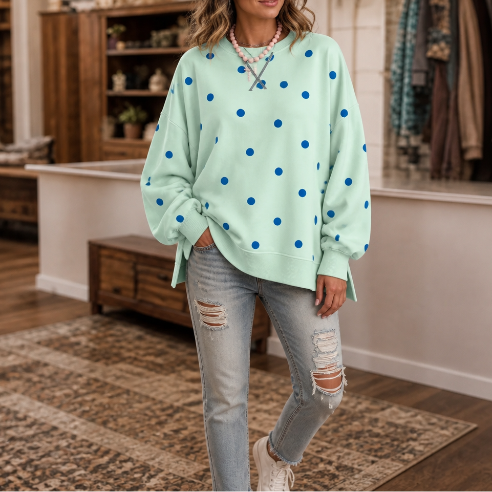 Sunbelle – Polka Dot Ribbon-Tie Neck Sweatshirt