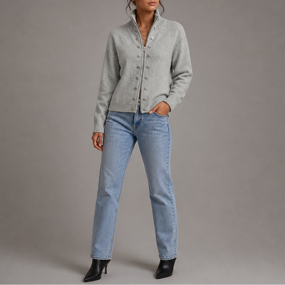 Wearvale – Two-Way Zip High-Neck Knit Cardigan