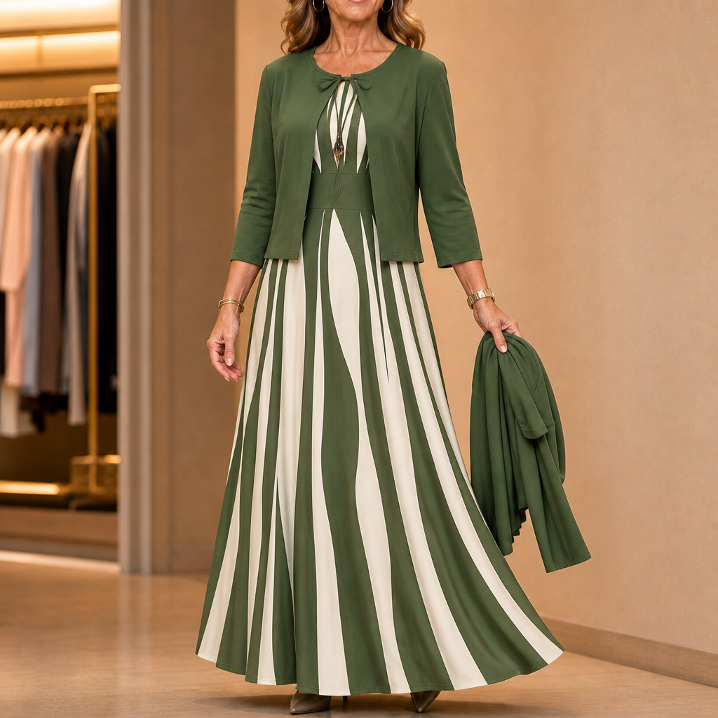 Fielina – Striped Two-Piece Maxi Dress And Cardigan Set