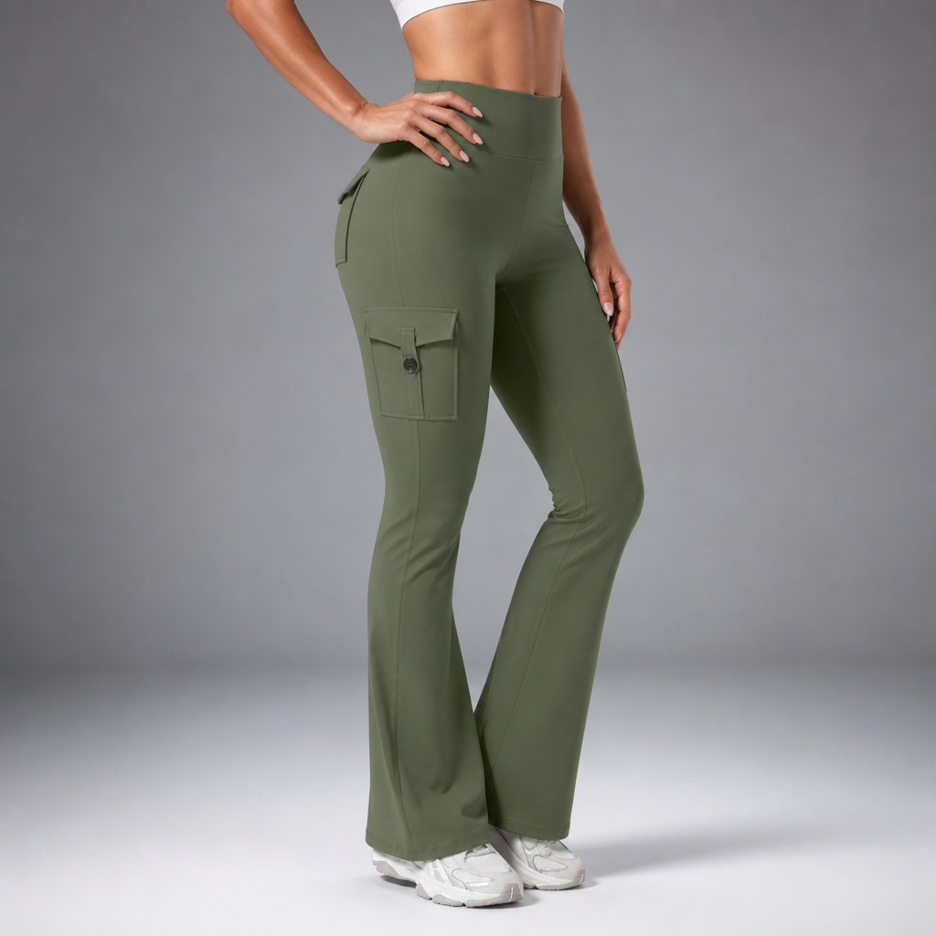 Curvana – High-Waisted Ruched Flare Cargo Leggings