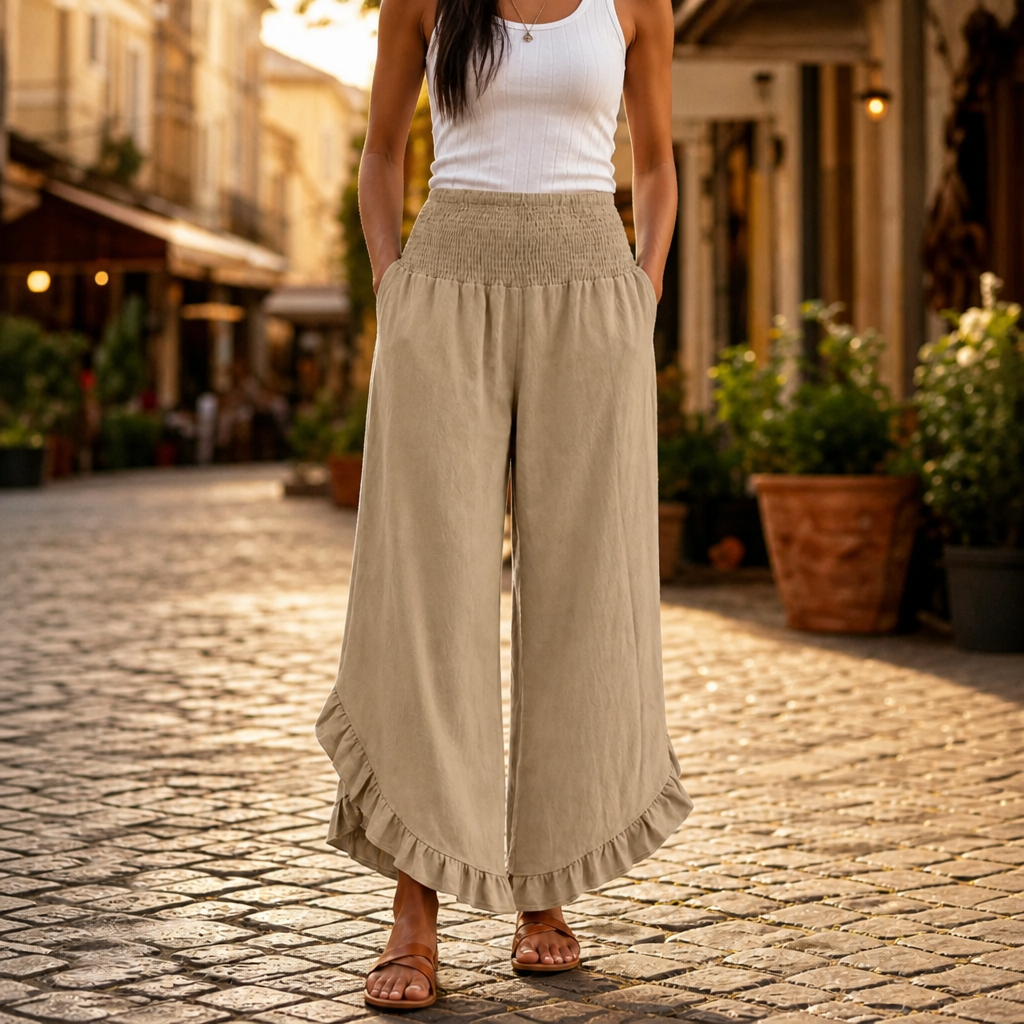 Linora – Cotton-Linen Smocked High-Waist Palazzo Pants