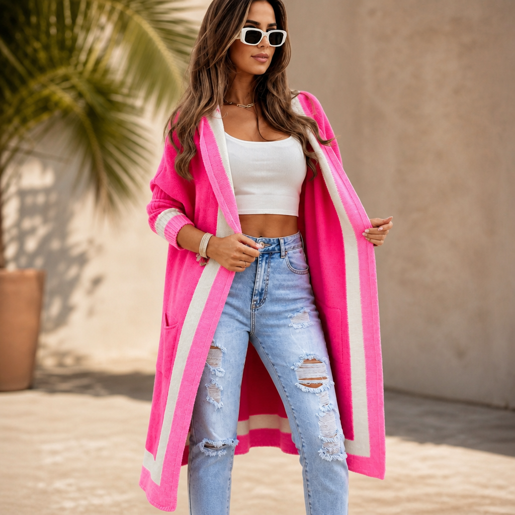 Coshabelle – Color-Block Hooded Long-Line Cardigan