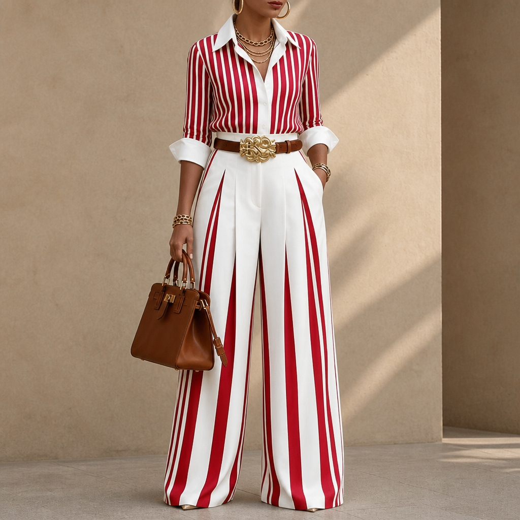 Lineleigh – Striped Wide-Leg Shirt And Pants Set