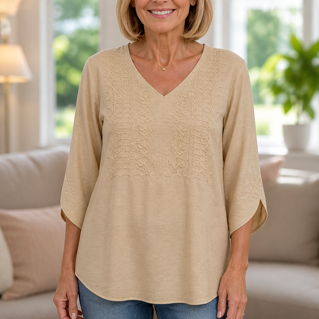 Wearbella – Embroidered V-Neck Lace Panel Blouse