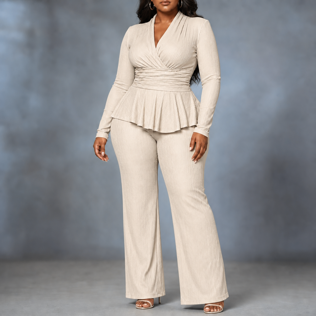 Vessora – Pleated Waist Flared Leg Top And Trousers Set
