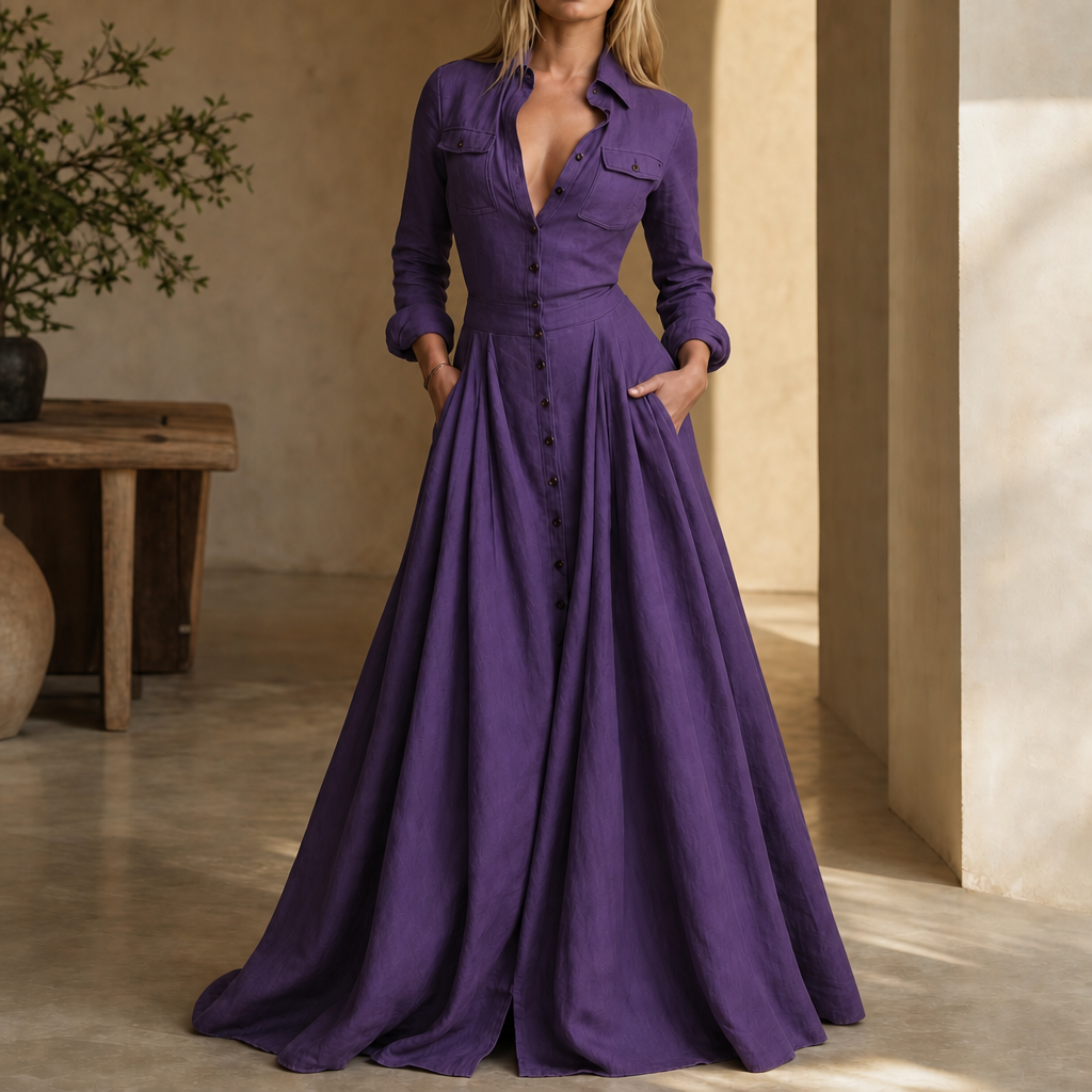Verlana – Button-Front Lapel Collar Maxi Shirt Dress