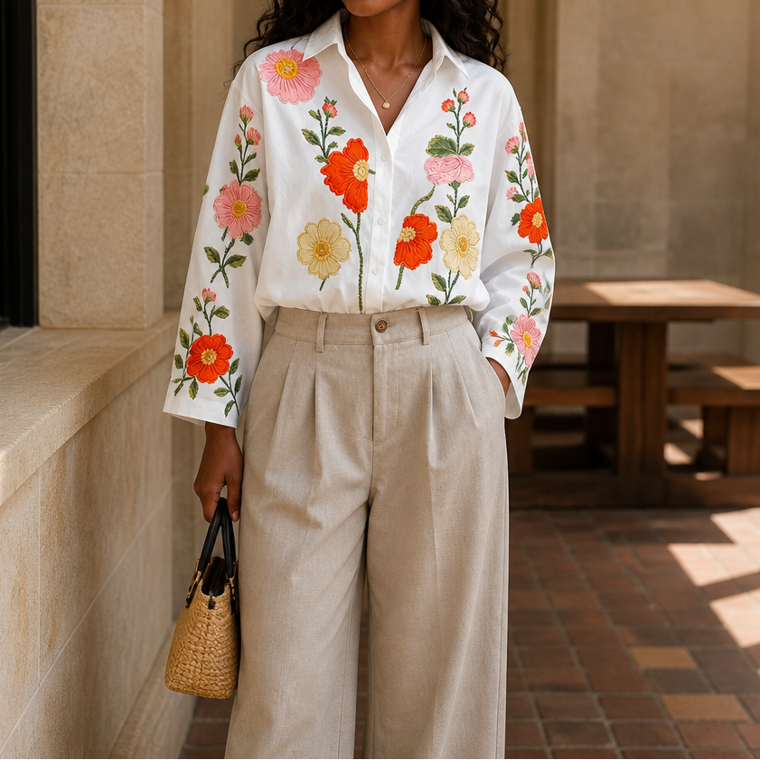 Lunabloom – Floral Embroidered-Look Lapel-Collar Blouse