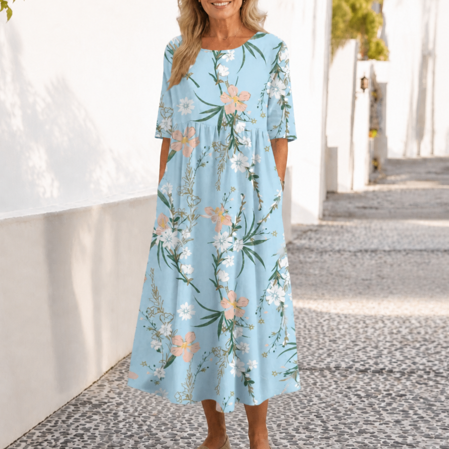 Wearbella – Floral Print Round-Neck Midi Dress