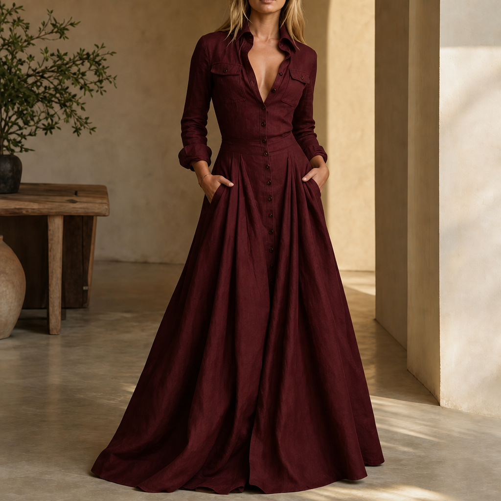 Verlana – Button-Front Lapel Collar Maxi Shirt Dress