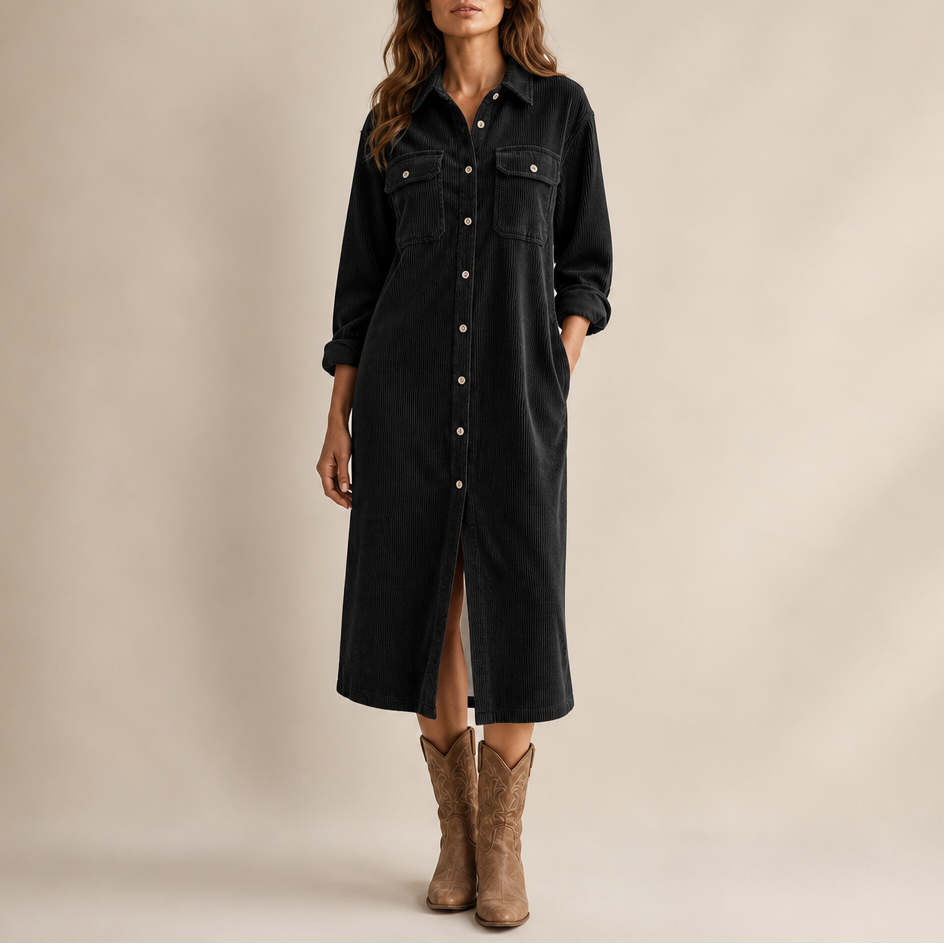 Corvella – Ribbed Corduroy Button-Front Shirt Dress