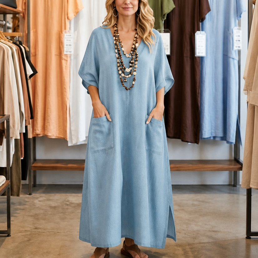 Marisole – Pocketed Loose-Fit V-Neck Maxi Dress
