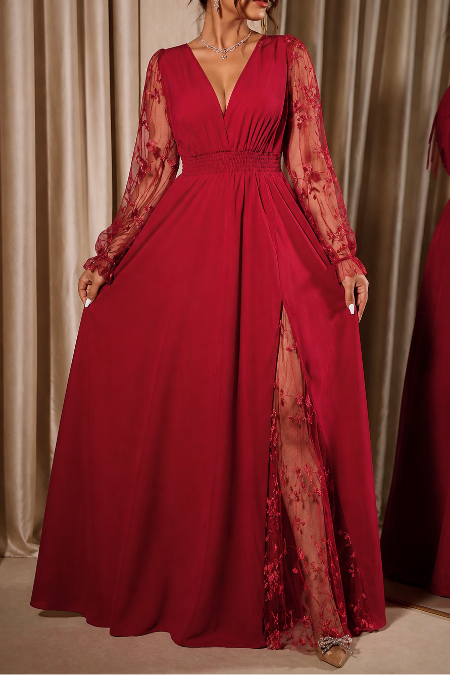 Wearbella – Lace-Sleeve A-Line Empire Waist Maxi Dress