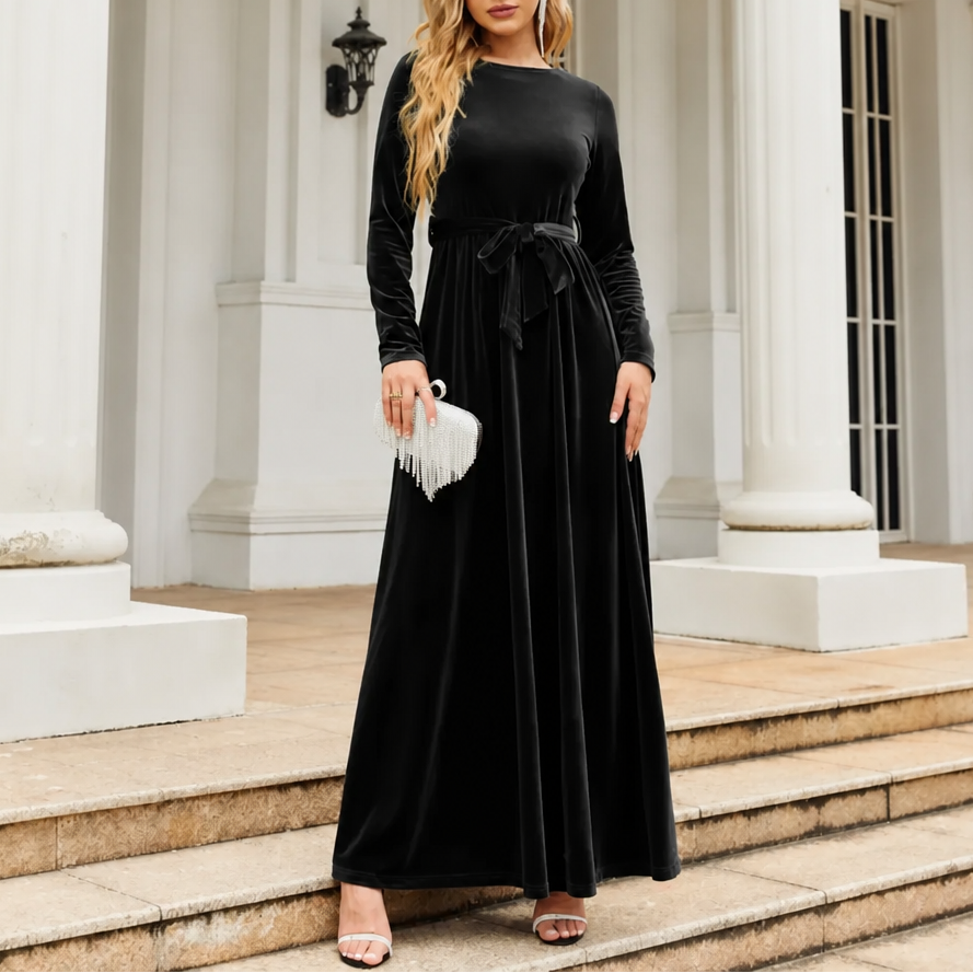 Velvora – Belted Velvet Look A-Line Maxi Dress