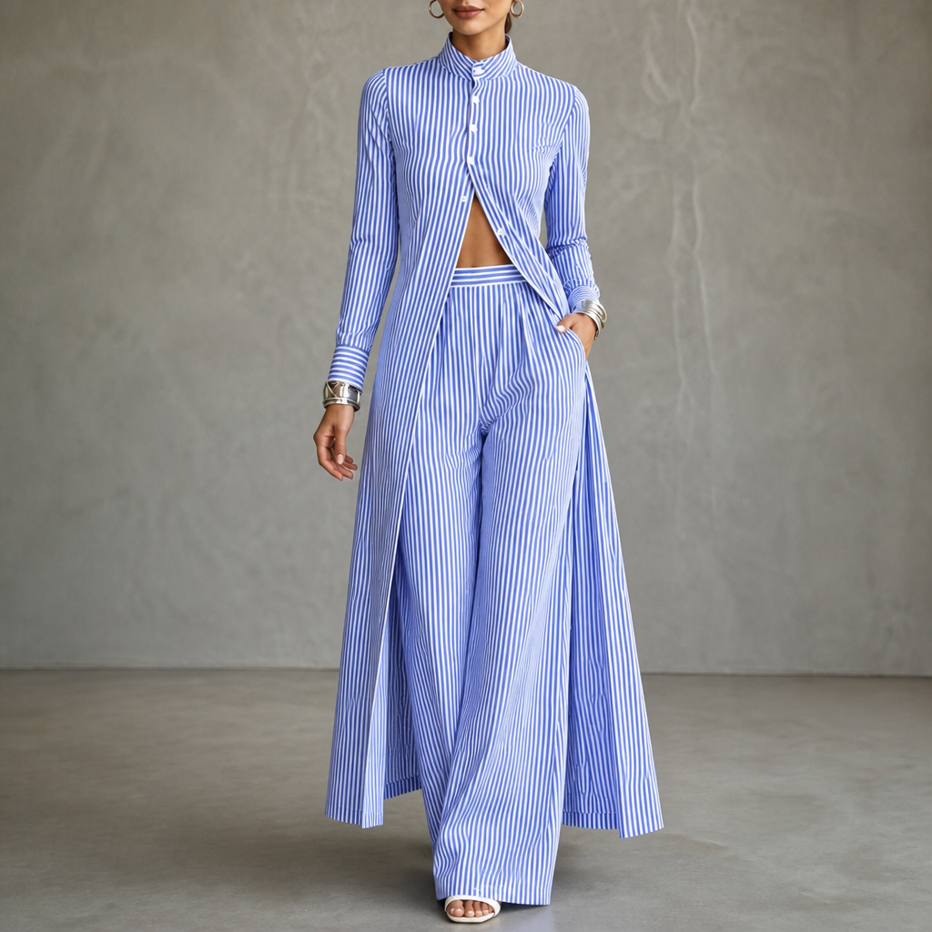 Wearbella – High-Low Striped Shirt And Wide-Leg Pants Set