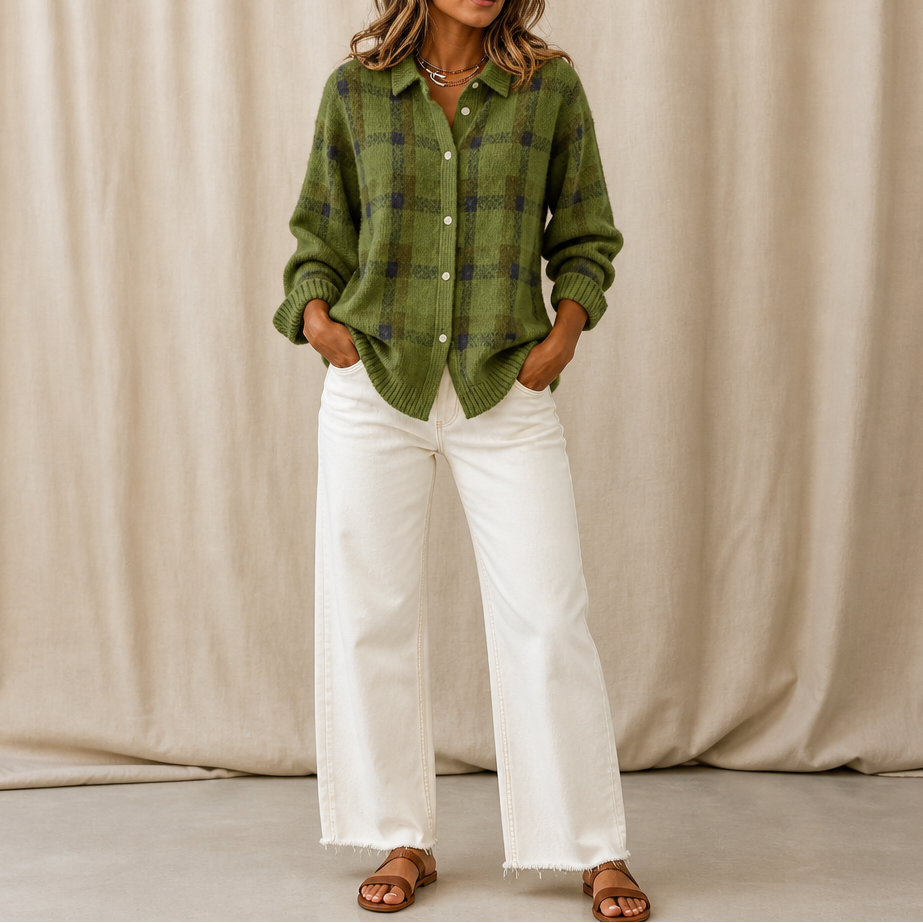 Verawool – Plaid Knit Shirt-Collar Cardigan