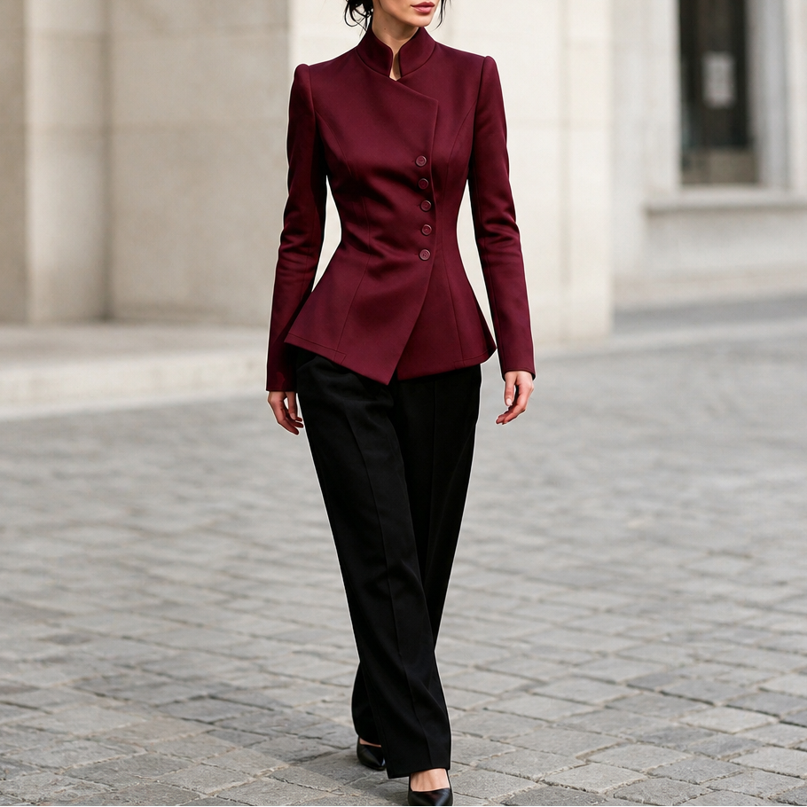 Vertica – Asymmetric Button-Up Stand Collar Blazer