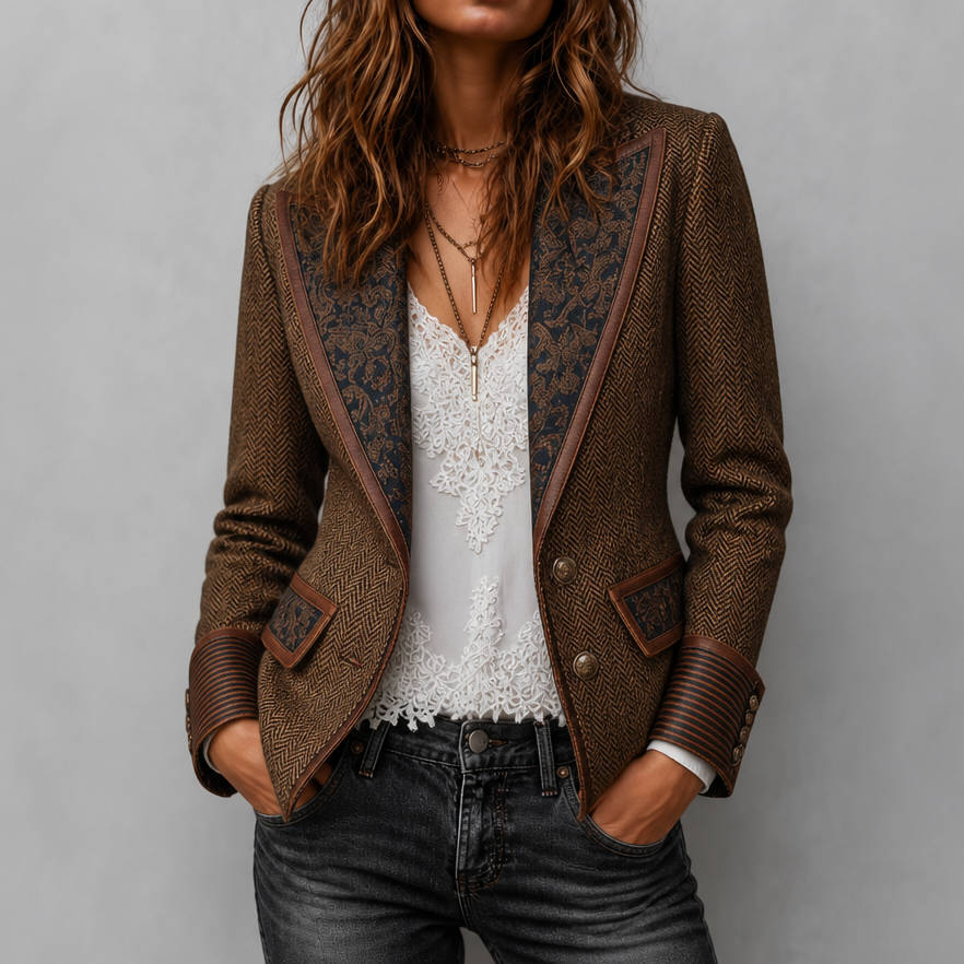 Herrivé – Contrast-Trim Herringbone Structured Blazer