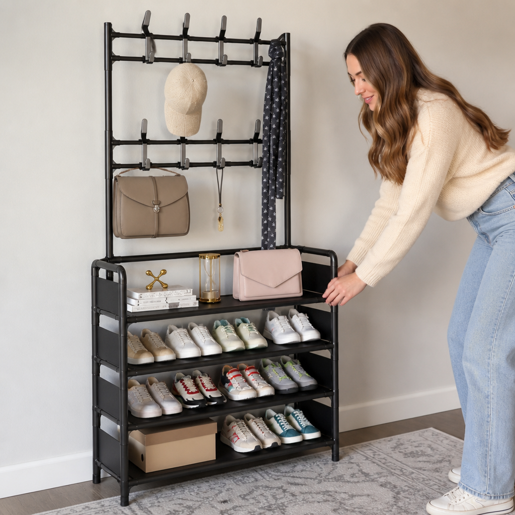 Haldrow – Tier Shoe Rack With Coat Hooks