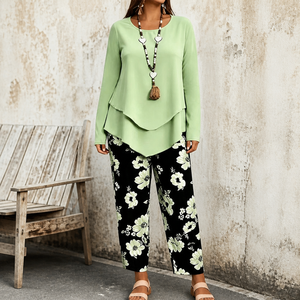 Wearbella – Double-Layer Top And Floral Wide-Leg Pants Set