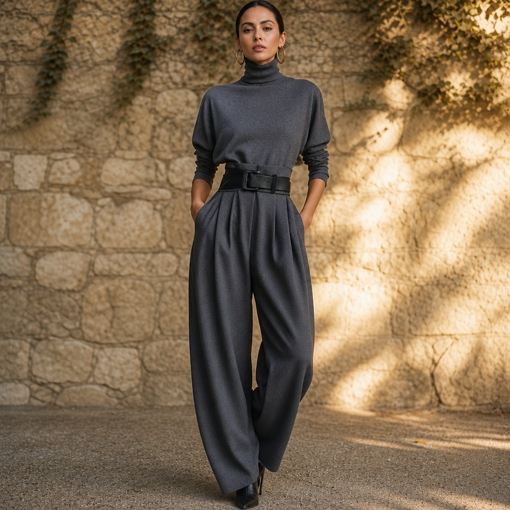 Poisevera – Belted High-Waist Turtleneck And Trouser Set