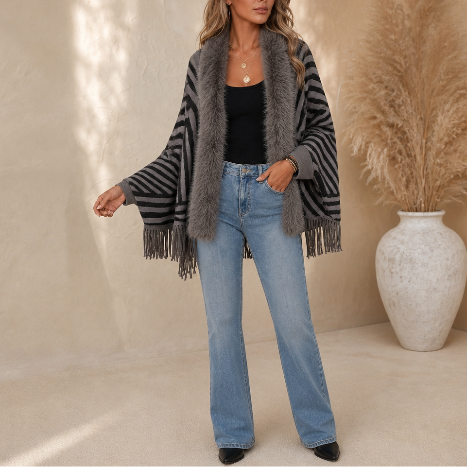 Velmora – Fringed Faux Fur Poncho Cardigan