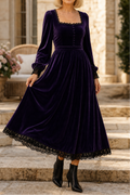 Velourette – Square Neck Fitted Waist Velvet-Look Midi Dress