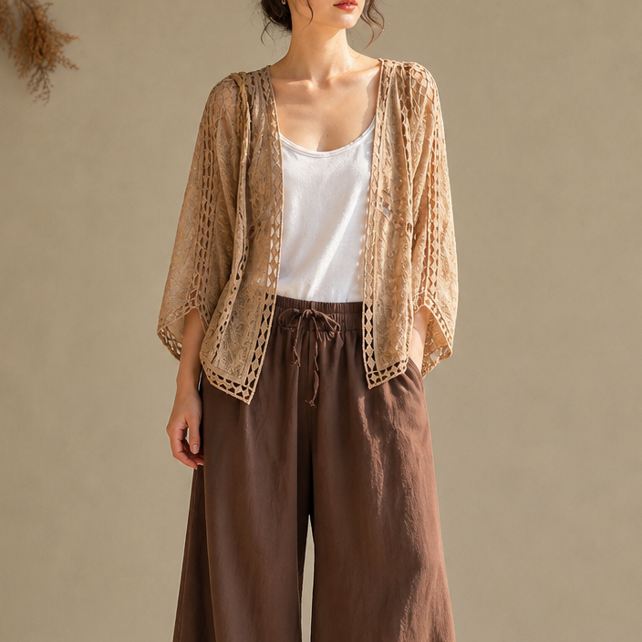 Wearbella – Crochet Trim Open-Front Cardigan