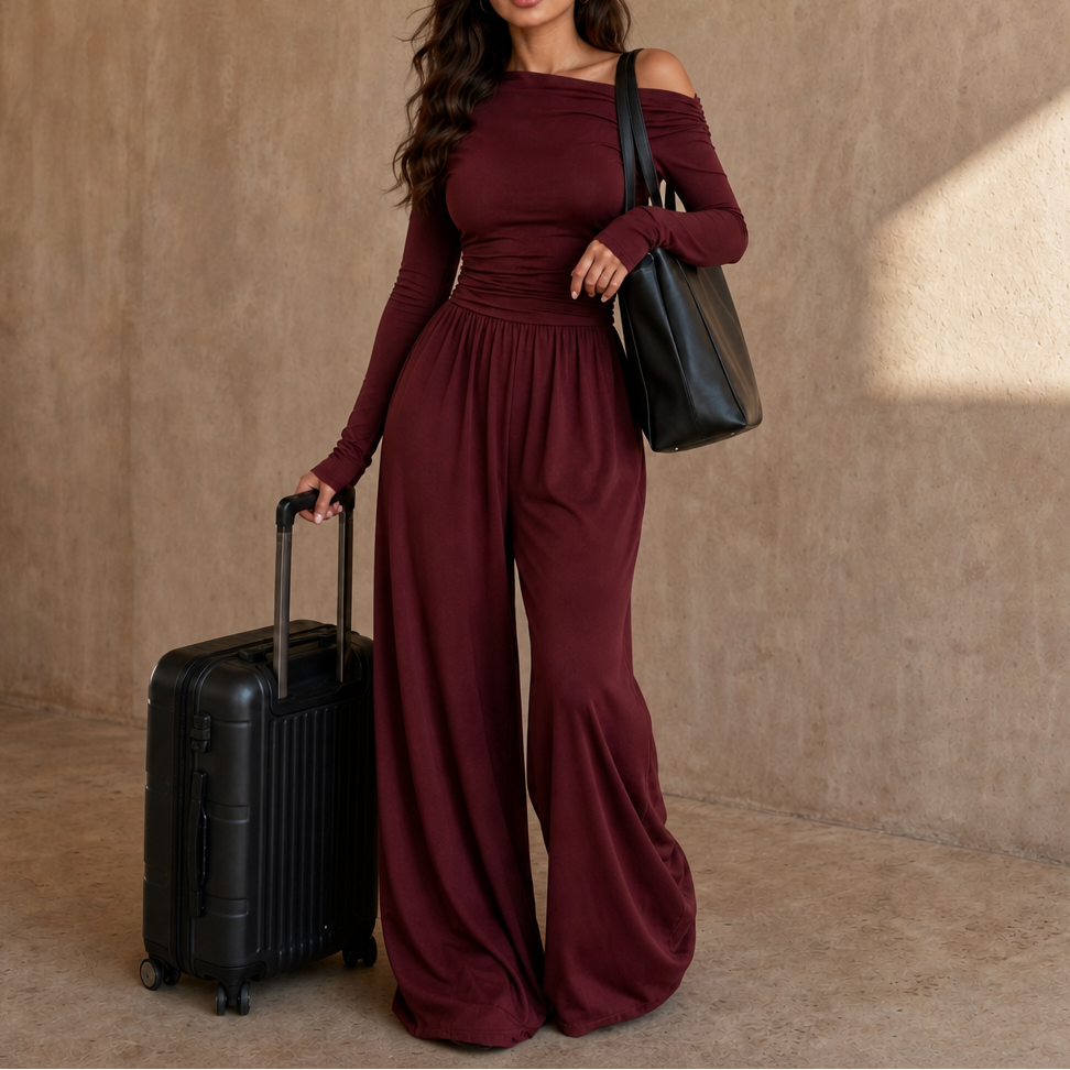 Wearbella – Off-Shoulder Ruched Wide-Leg Jumpsuit