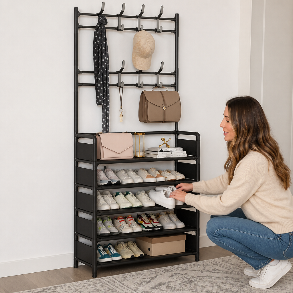 Haldrow – Tier Shoe Rack With Coat Hooks