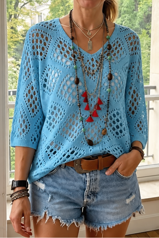 Sunlace – Diamond Openwork Drop-Shoulder Knit Top