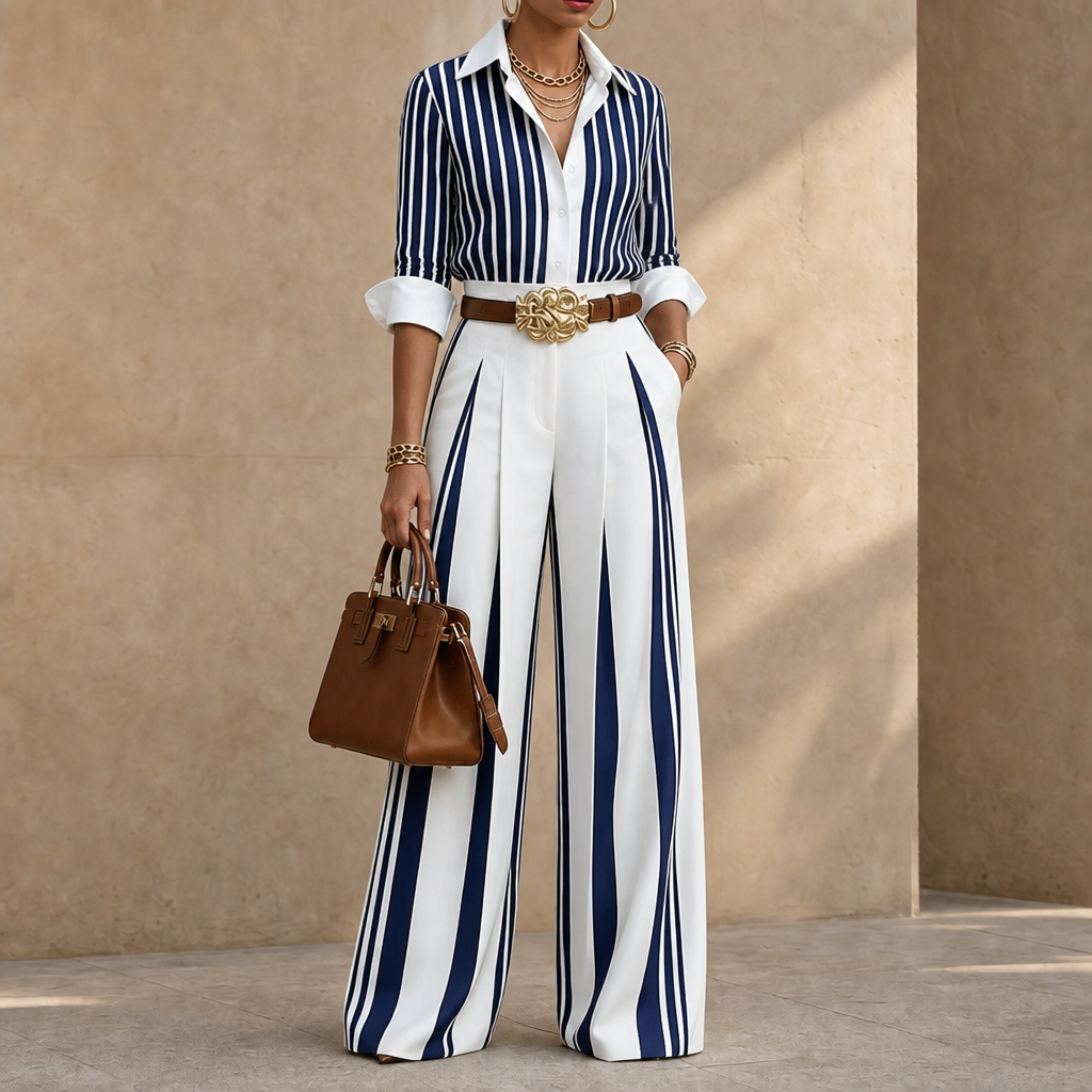 Lineleigh – Striped Wide-Leg Shirt And Pants Set