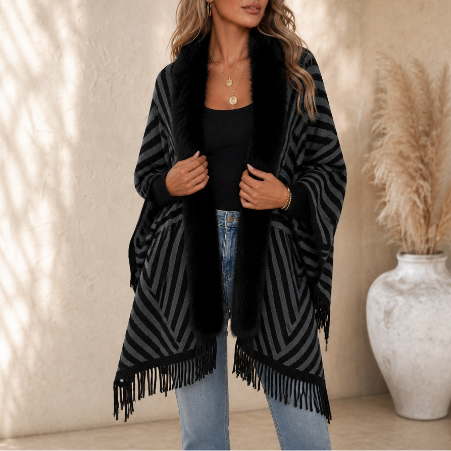 Velmora – Fringed Faux Fur Poncho Cardigan